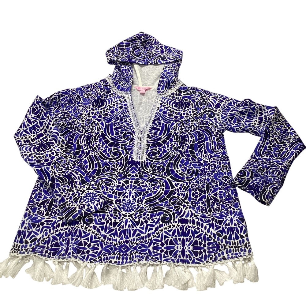Lilly Pulitzer Blue White Mosaic Hooded Tassel Tunic Cover Up Small 27818